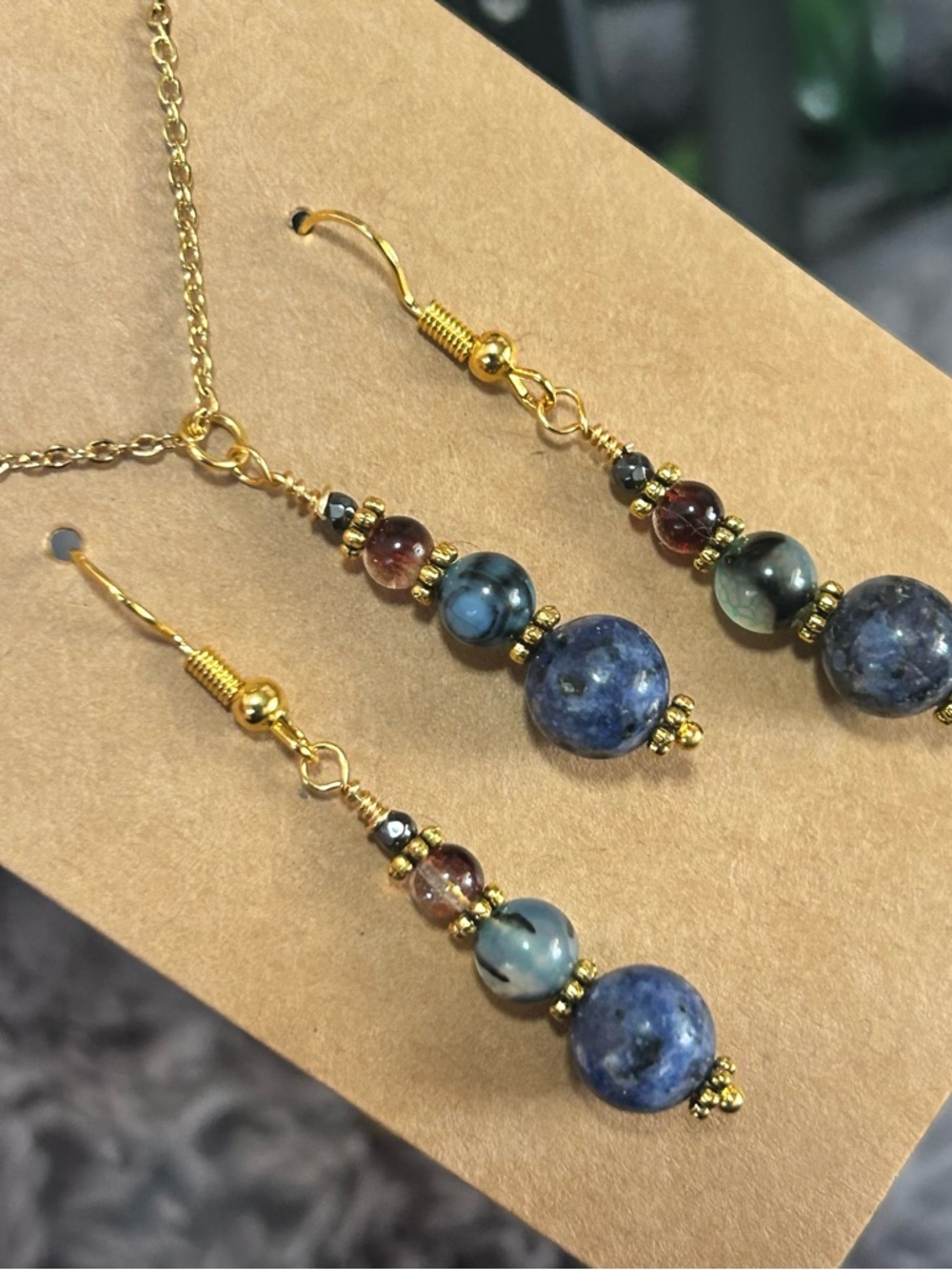 Handcrafted sodalite dragon vein agate hematite necklace and earring set